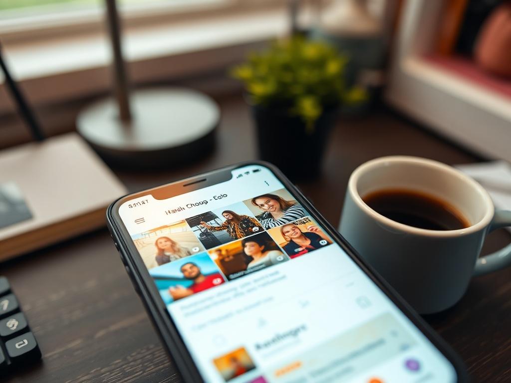 A close-up shot of a smartphone displaying a social media feed filled with vibrant posts. The background should feature a stylish home office setup with a desk, a plant, and a coffee cup, creating a warm and inviting atmosphere. The image should be hyper-realistic, focusing on the details of the phone screen and the cozy workspace, shot with a 45mm f/1.2 lens.