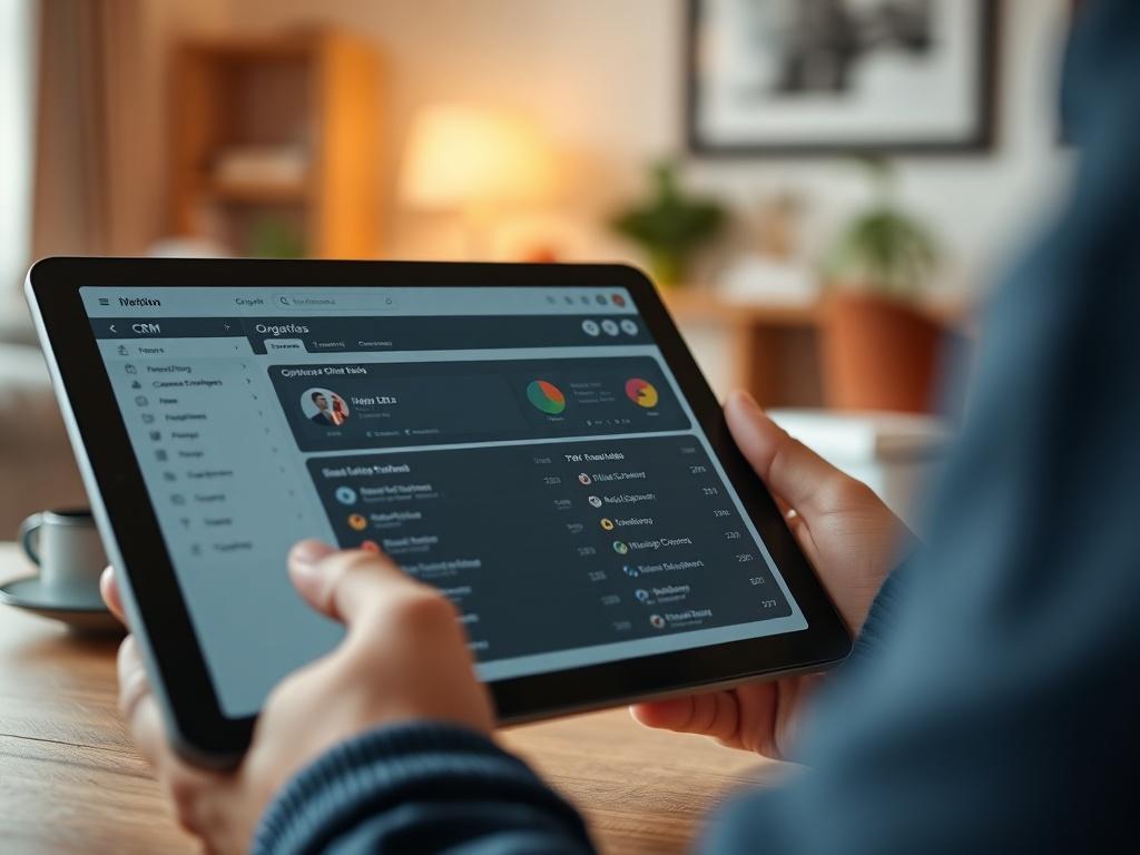 A close-up shot of a CRM interface displayed on a tablet, showing organized client data and tasks. The background includes soft, blurred elements of a cozy office space, creating a welcoming atmosphere. The image should be high-resolution, highlighting the importance of CRM systems.
