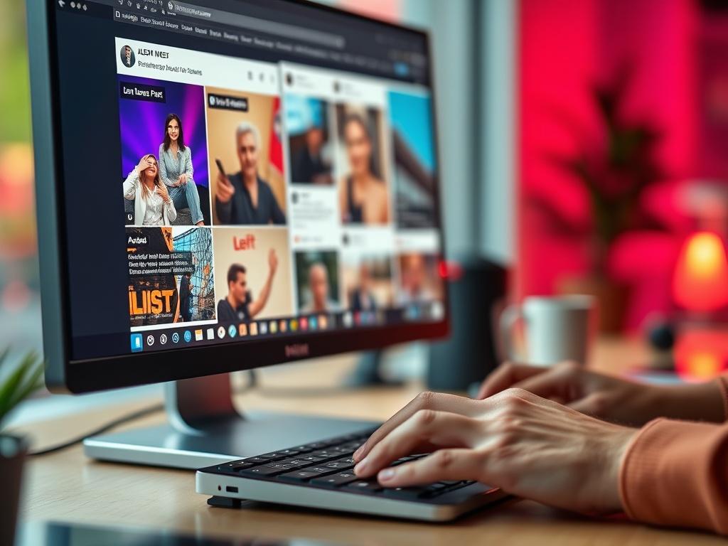 A close-up shot of a computer screen displaying vibrant social media posts, with a hand typing on a keyboard. The background should have soft, blurred colors reflecting a modern workspace. The image should be high-resolution, capturing the essence of digital marketing.