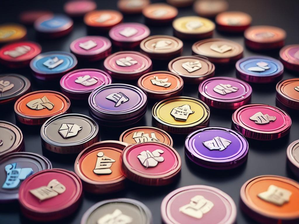 a vibrant, photorealistic illustration of Manyvids tokens, showcasing coins with