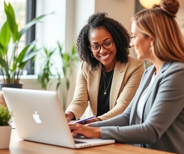 Professional minority woman business coach mentoring a client in a modern office