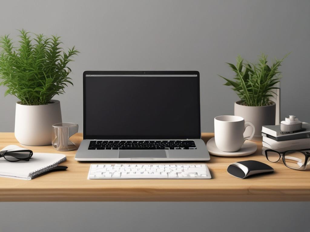 A serene workspace featuring a sleek laptop on a wooden