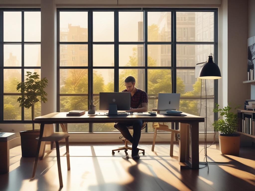 A writer sitting at a sleek, modern desk, typing on