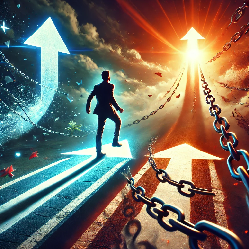 dall·e 2024-08-13 16.28.41 - a dynamic and intense image that conveys the urgency of leveling up and breaking free from being stuck. the scene should feature a person standing at .webp