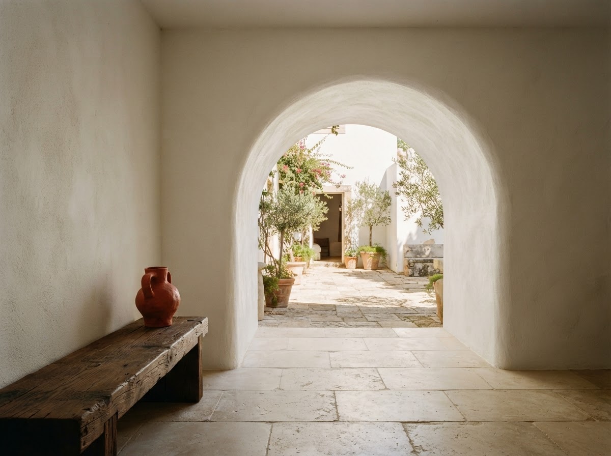 Sunlit modernist guesthouse interior with sculptural plaster details