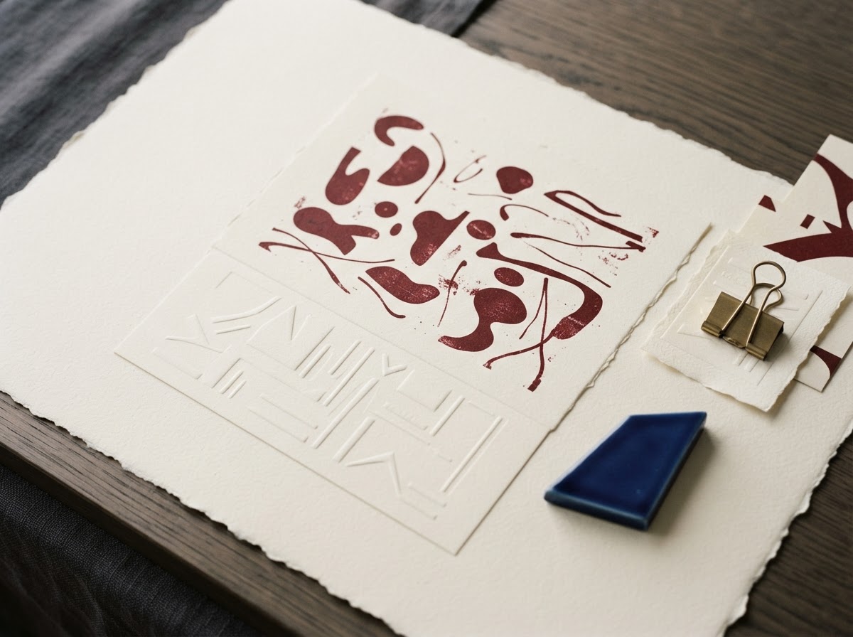 Tactile identity materials with embossed paper and expressive graphic forms