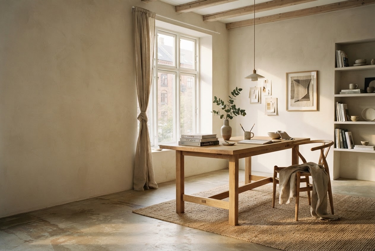 Sunlit Fieldwork studio with a timber worktable and collected creative materials