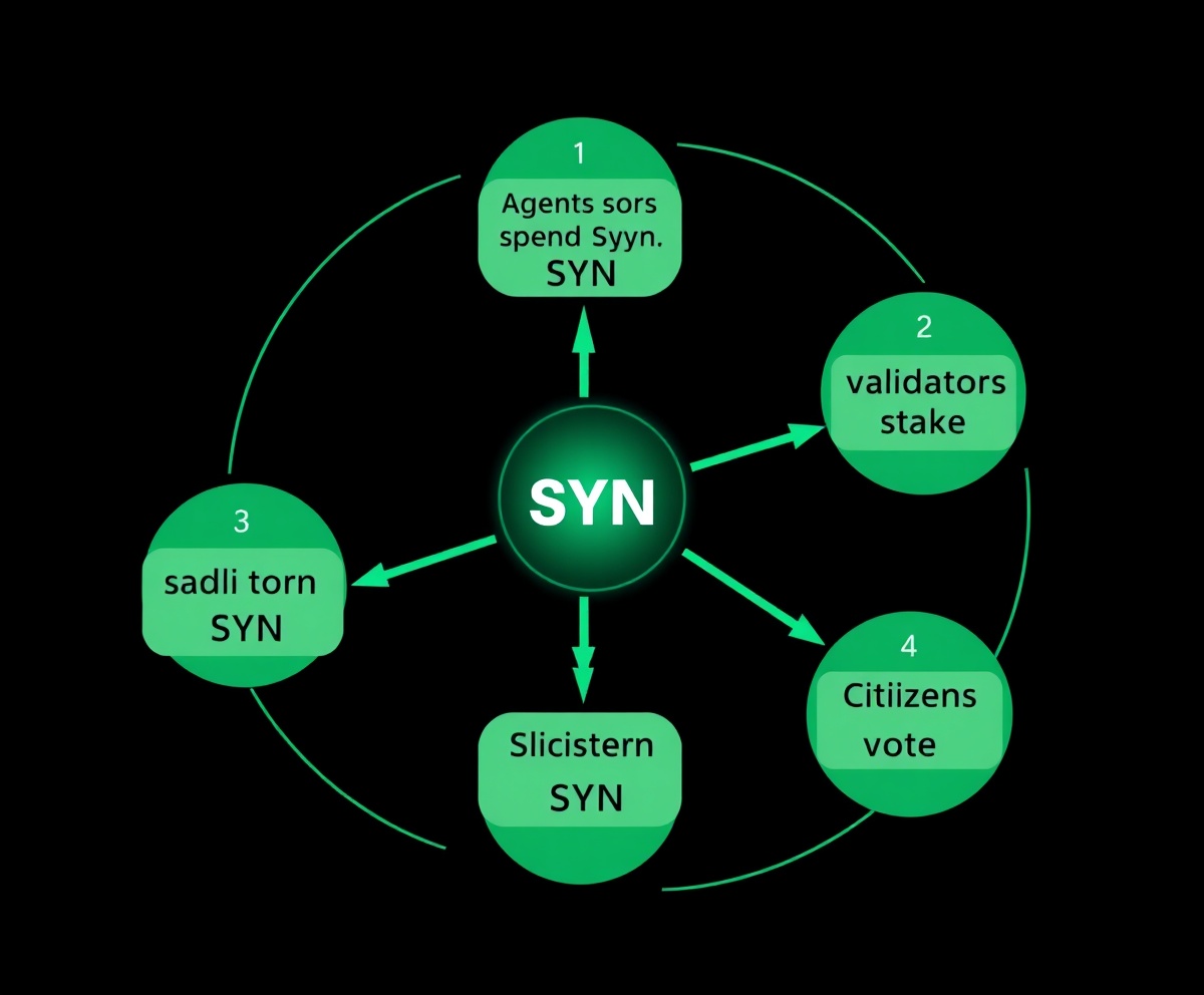 Circular token flow diagram showing agents earning, spending, validators staking, and citizens voting