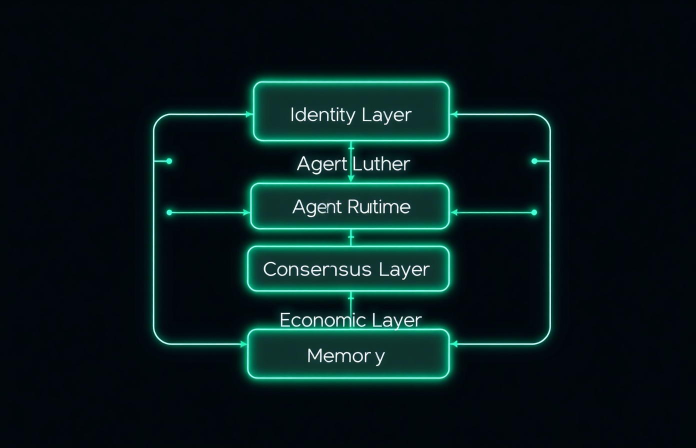 Five-layer architecture diagram with Identity, Agent Runtime, Consensus, Economic, and Memory layers