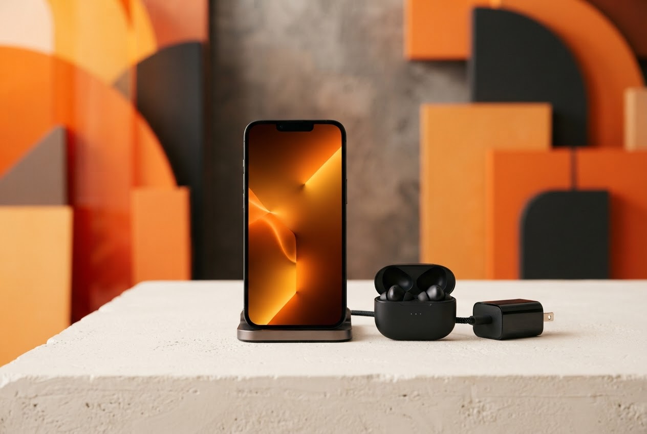Smartphone and everyday accessories on a warm white surface with an orange and amber backdrop