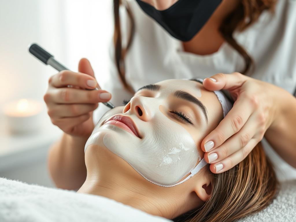 A close-up shot of a serene facial treatment scene, showcasing a client receiving a facial with a professional esthetician applying a soothing mask. The background should be a calming spa environment with soft, natural lighting. The esthetician is focused and gentle, highlighting the care and precision of the treatment. The image should evoke relaxation and professionalism, with an emphasis on skin care.