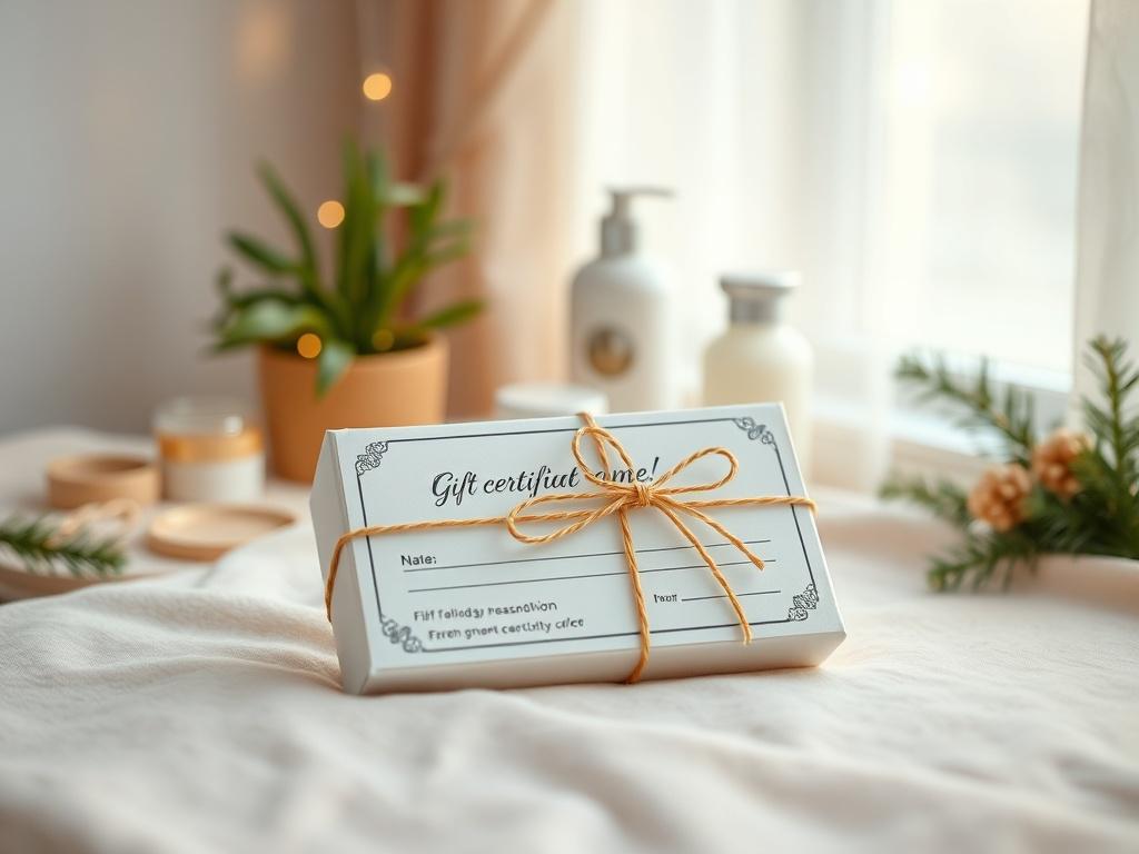 A serene and inviting setting showcasing a beautifully wrapped gift certificate placed on a soft, neutral-toned surface. The background features gentle lighting and elements of self-care, such as a small potted plant and elegant skincare products. The atmosphere is peaceful and warm, reflecting a spa-like environment, with subtle hints of festive decor to evoke the holiday spirit.