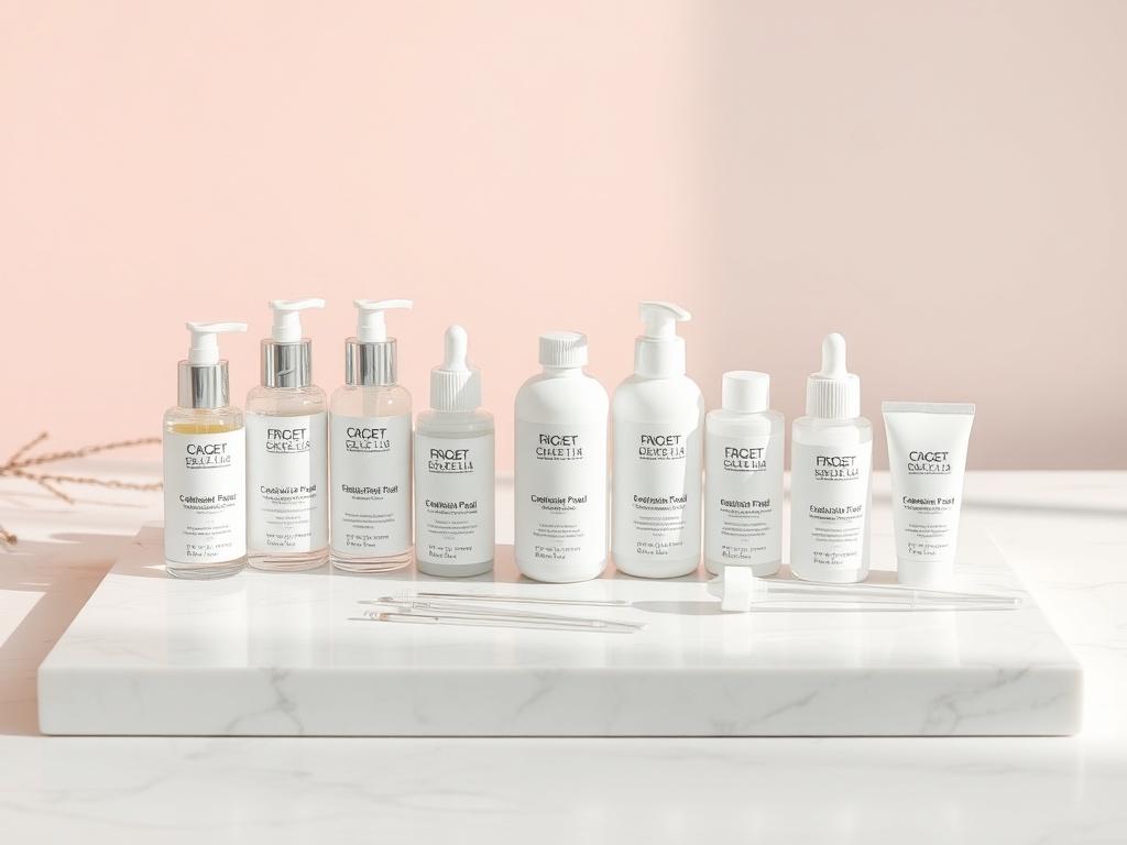 The Chemical Peel Essentials Kit beautifully arranged on a clean, white marble surface. The kit should display various bottles and applicators, all labeled clearly, with a calming background of soft pastel colors. The composition should be simple yet elegant, emphasizing the quality of the kit.