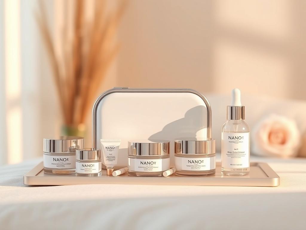 A sleek, modern Nano Fusion Facial Treatment Kit displayed elegantly on a soft, neutral-toned surface. The kit should include various skincare products in clear jars, each labeled, arranged aesthetically. The background should be softly blurred, focusing on the kit, with gentle lighting that creates a calming atmosphere.