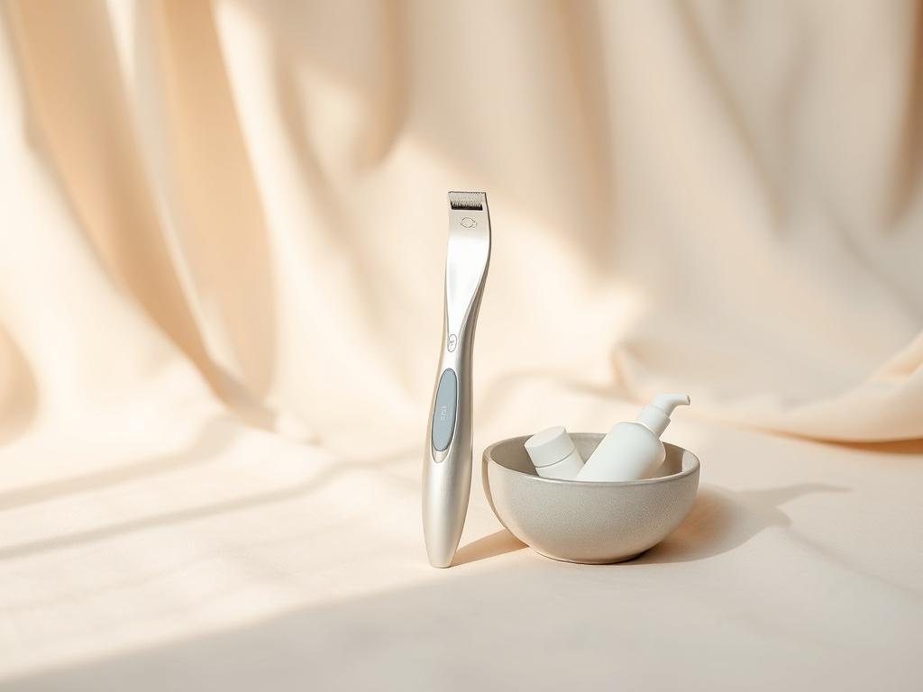 A stylish Dermaplaning Tool Set arranged on a soft, light-colored fabric backdrop. The set should feature a sleek dermaplaning tool with interchangeable blades, elegantly displayed next to a small bowl of skin care products. The lighting should be soft and inviting, creating a serene ambiance.