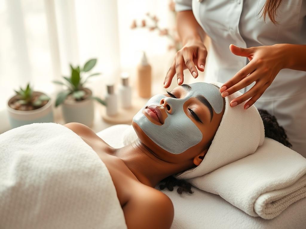 A beautiful Black female receiving a facial treatment in a serene spa environment. The setting features soft tones and gentle lighting that create a peaceful atmosphere. The female should be relaxed, lying on a treatment bed with a calming expression. A skilled esthetician is applying a facial mask, surrounded by soft towels and soothing skincare products. The background showcases plants and soft decor, enhancing the tranquil vibe.