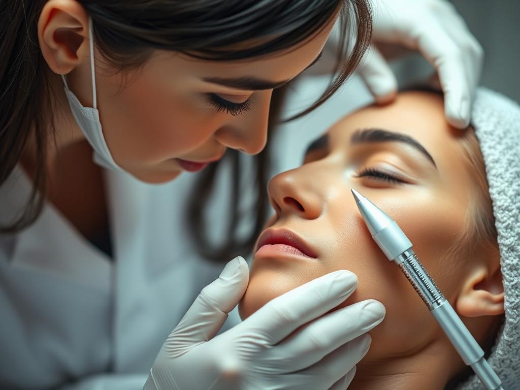 A close-up of a professional esthetician applying nano fusion therapy on a client's face. The esthetician should be focused and gentle, showcasing the advanced tools used in the treatment. The background should be softly blurred, emphasizing the therapy process and creating a calm, professional atmosphere.