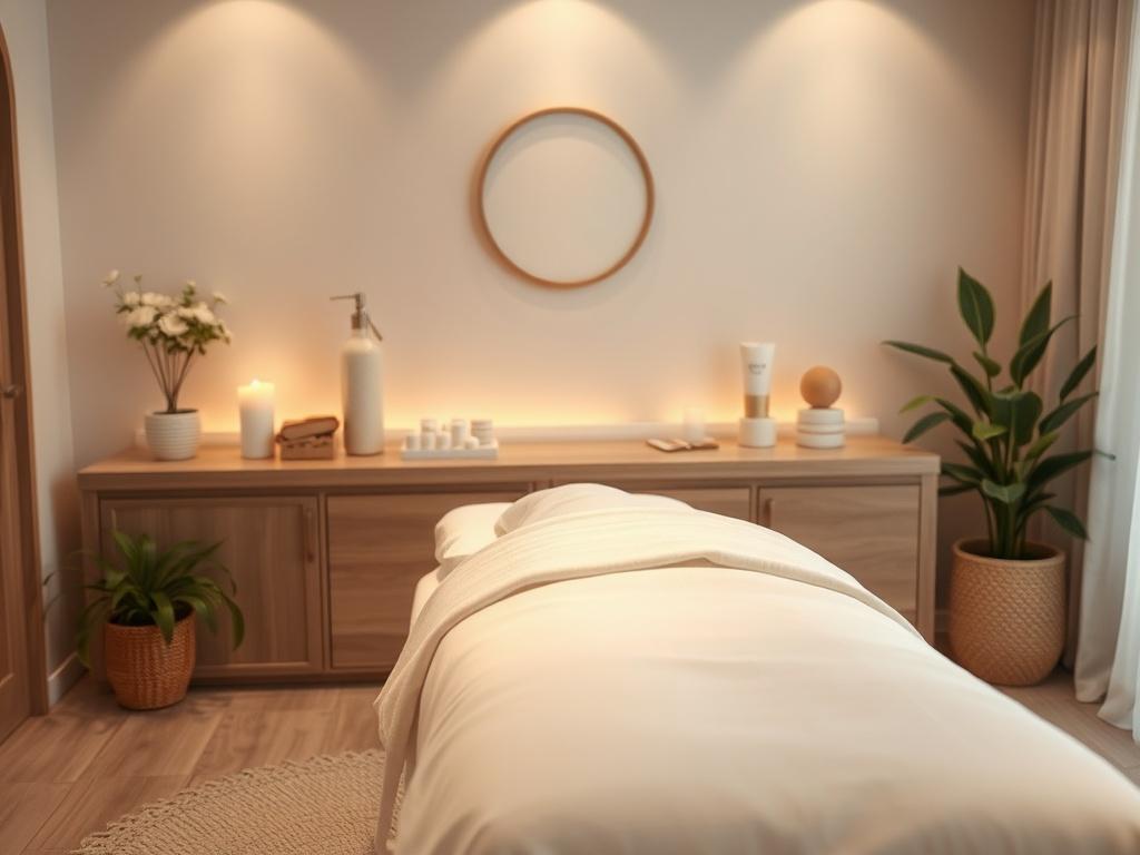 A serene spa environment featuring a comfortable facial treatment bed with soft linens, gentle ambient lighting, and calming decor. The setting should evoke a peaceful and relaxing atmosphere, suitable for a facial treatment. Include subtle hints of nature, like potted plants or soft floral arrangements, to enhance the tranquility of the space.