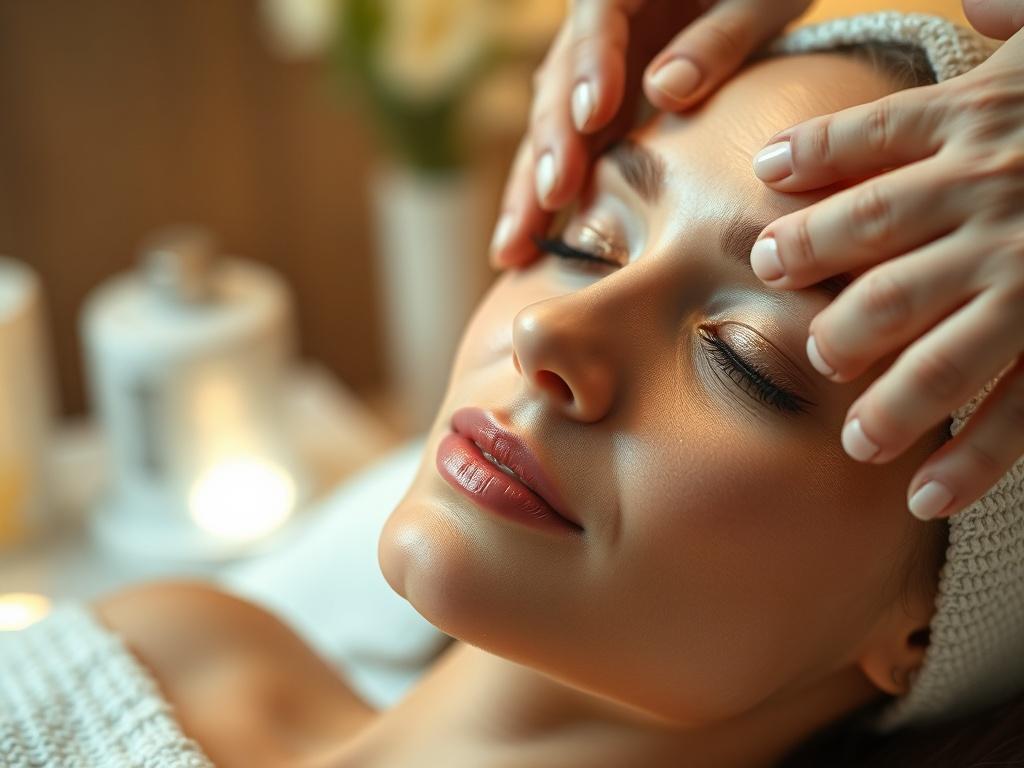 A close-up shot of a woman receiving a Nano Fusion Treatment, with a focus on her glowing skin. The background should be soft and blurred, emphasizing the relaxing spa environment. The lighting should be warm and inviting, creating a serene atmosphere. The subject should have a peaceful expression, showcasing the soothing nature of the treatment.