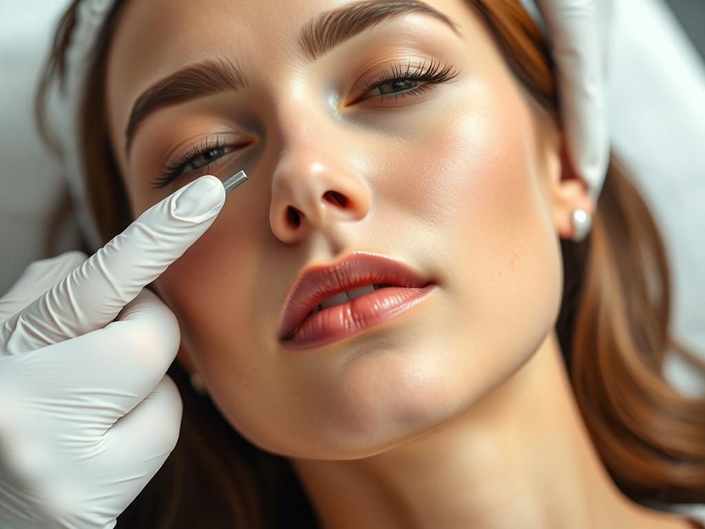 A close-up of a woman undergoing Dermaplaning, with focus on the smoothness of her skin. The background should be softly blurred to emphasize the facial area. The lighting should be bright and fresh, highlighting the clarity and glow of her skin. Capture the essence of rejuvenation and beauty in this serene setting.