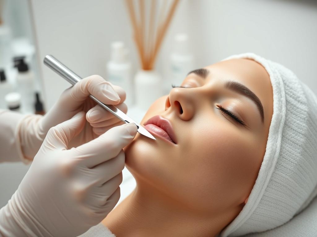 A close-up shot of the dermaplaning process in action, focusing on the esthetician using a surgical scalpel to gently exfoliate the client's skin. The background should feature a clean and inviting treatment room, with skincare products neatly arranged, highlighting the professional environment.