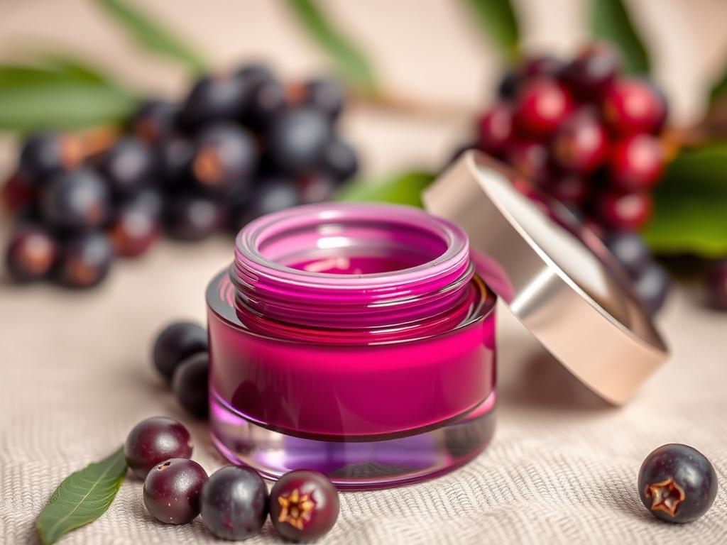 A hyper-realistic close-up shot of an Acai Berry Moisturizer container placed elegantly on a soft, natural background. The container should be sleek and modern, showcasing its luxurious design, with the rich color of the moisturizer visible inside. The background should be softly blurred, emphasizing the product while incorporating natural elements like acai berries or leaves to evoke a fresh and organic feel. Shot with a 45mm f/1.2 lens.