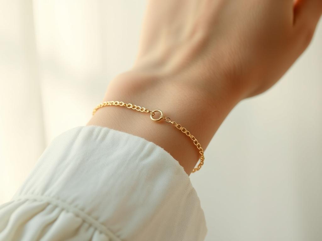 A close-up shot of a person’s wrist adorned with a delicate, permanent bracelet made of gold, showcasing intricate details and a smooth finish. The background is softly blurred with gentle lighting, creating a serene atmosphere. The color palette features soft tones that harmonize with the primary color #136A5C, enhancing the elegance of the jewelry.