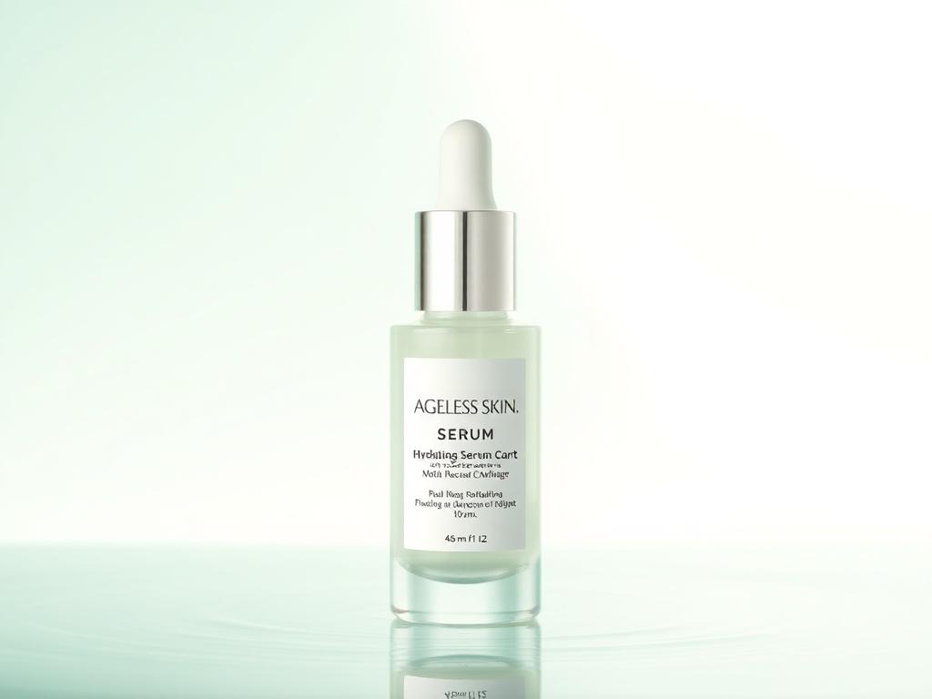 A hyper-realistic close-up shot of a luxurious bottle of Ageless Skin Hydrating Serum, emphasizing its sleek design. The background should be soft and inviting, with a subtle gradient in shades of green and blue to evoke a sense of freshness and hydration. The focus should be on the serum bottle, showcasing its elegant label, while ensuring the lighting highlights the serum's texture and the bottle's reflections. The image should be crisp and detailed, suitable for an upscale skincare brand.