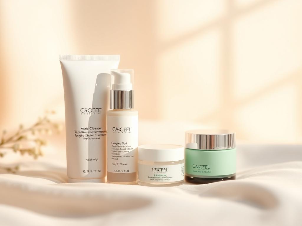 A realistic high-resolution photo of the Acne Kit, featuring a gentle cleanser, targeted spot treatment, and soothing moisturizer elegantly arranged on a soft, neutral-toned surface. The background should be softly blurred to create a peaceful atmosphere, with gentle lighting highlighting the products. The colors of the packaging should complement the primary color rgb(85, 141, 151), creating a harmonious and inviting look.