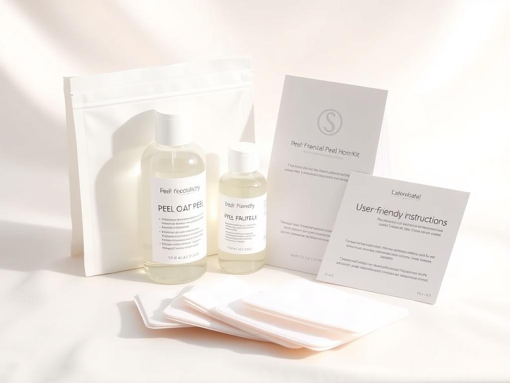 A realistic high-resolution image of the Chemical Peel Home Kit, showcasing a bottle of peel solution, applicator pads, and a user-friendly instruction guide. The arrangement should be on a light, airy background with soft lighting to highlight the products and create a welcoming, professional feel.