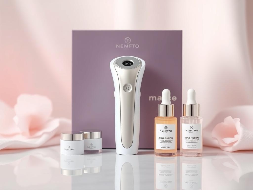 A realistic high-resolution photo of a Nano Fusion Facial Kit, featuring a sleek nano infusion device and beautifully arranged serums in soft pastel colors. The background should be a soft, calming setting with gentle lighting, evoking a peaceful atmosphere. The focus should be clear on the kit, showcasing its elegance and modern design.