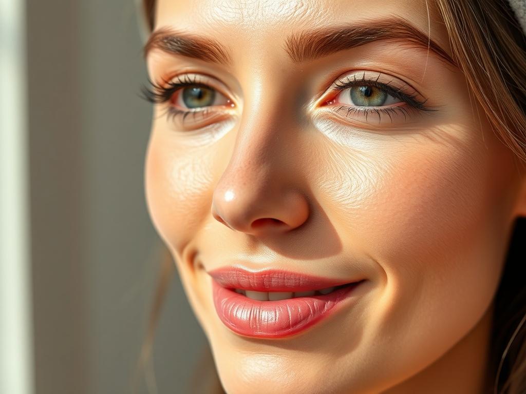 A close-up shot of a woman with glowing, radiant skin after receiving a chemical peel treatment. The background is softly blurred to emphasize her smooth complexion, with natural lighting highlighting her features. The color palette includes warm tones that complement the skin, creating an inviting and warm atmosphere.