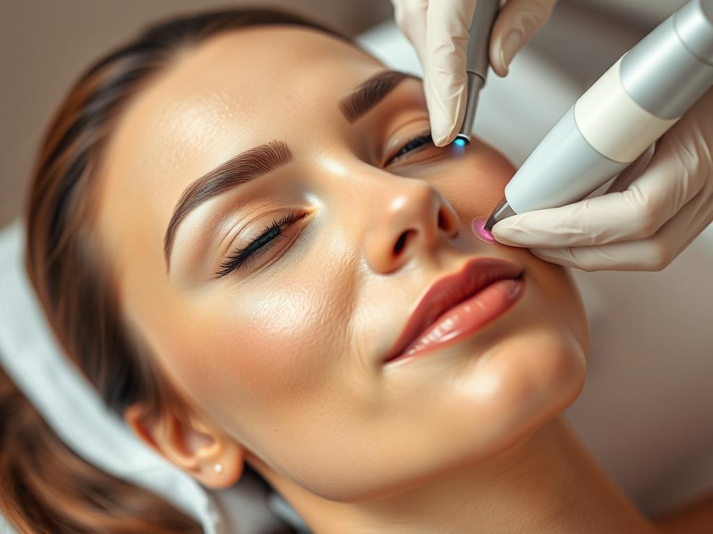 A hyper-realistic close-up shot of a woman's face receiving a Nanofusion facial treatment. The setting is a calm, serene spa environment with soft lighting. The subject is relaxed and glowing, showcasing smooth, hydrated skin. The background features soft, neutral colors that complement the primary color rgb(193, 153, 87). The focus is on the application of the Nanofusion treatment, highlighting the innovative technology used in the process.