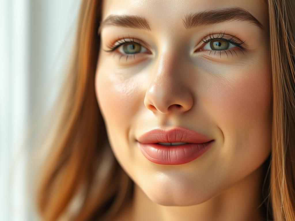 A close-up shot of a woman's face showcasing smooth, radiant skin after a light superficial peel. The background is softly blurred to emphasize the clarity and glow of her complexion. The lighting is bright and inviting, highlighting the freshness of the skin. The image should evoke a feeling of rejuvenation and beauty, with a focus on natural tones and textures. The overall composition should be simple and clear, ensuring that the face is the primary subject.