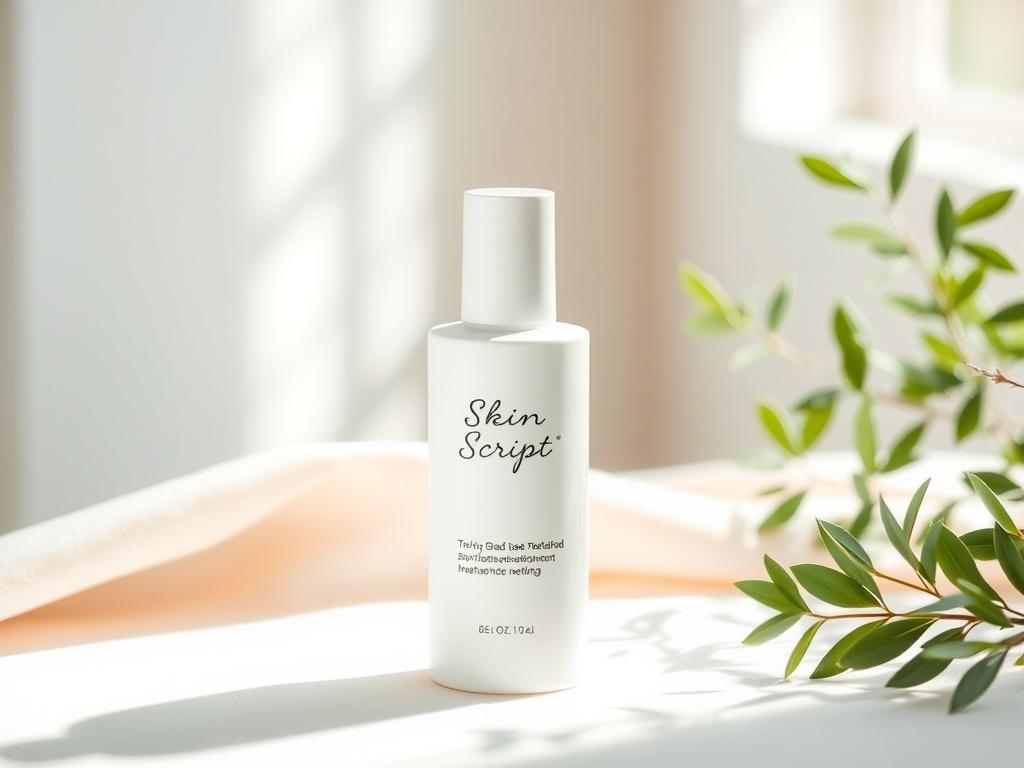 A high-resolution image of a sleek, modern skincare product bottle labeled 'Skin Script' on a soft, light-colored surface. The background is softly blurred, featuring gentle lighting to create a peaceful atmosphere. The focus is on the product, capturing its elegant design, with a hint of greenery in the background to symbolize the natural ingredients used in the formulation.