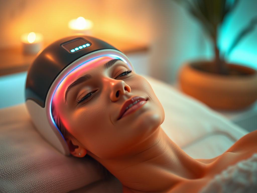 A close-up shot of a serene spa environment featuring the LED Light Therapy device in use. The subject is a woman relaxing with a soothing expression, surrounded by soft, ambient lighting. The background is blurred to maintain focus on the therapy device and the subject's glowing skin. The color palette includes warm tones, harmonizing with the primary color rgb(193, 153, 87). The image captures a sense of tranquility and rejuvenation, showcasing the benefits of the therapy.