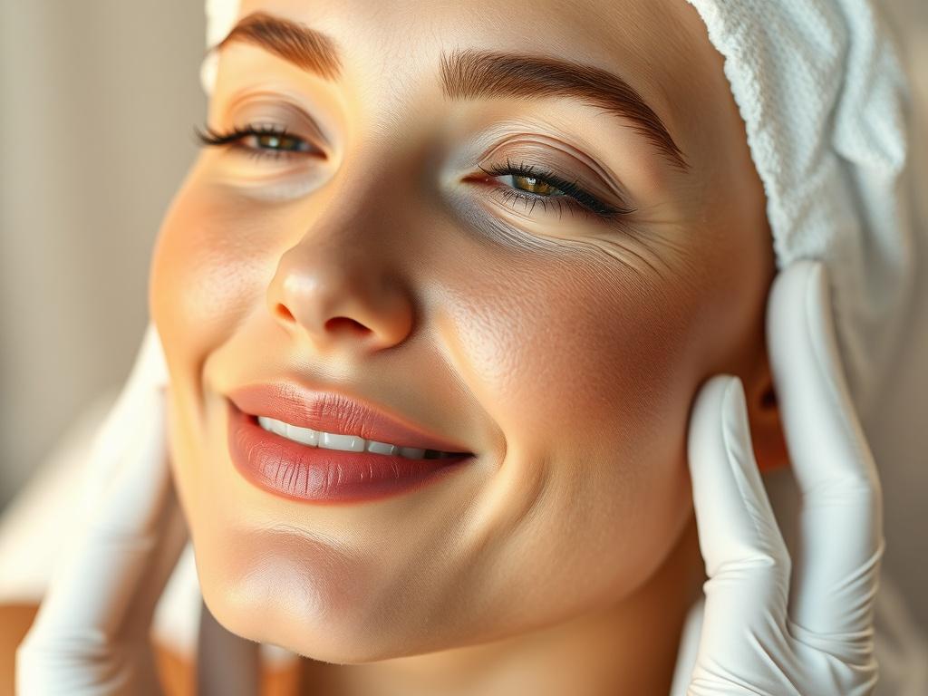 A hyper-realistic close-up shot of a person's face undergoing a Specialty Peel treatment, showcasing healthy, glowing skin. The background is softly blurred, emphasizing the subject's radiant complexion. The lighting is warm and inviting, highlighting the details of the skin texture and demonstrating the peel process. Ideal for capturing the essence of rejuvenation and beauty.