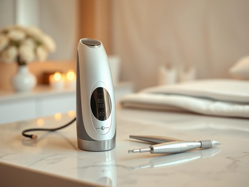 A close-up shot of a serene spa treatment room featuring a microneedling device and microdermabrasion tools on a clean, elegant countertop. The setting should have soft, warm lighting, with soothing decor in natural tones. The focus should be on the tools, highlighting their sleek design, with a blurred background that suggests a relaxing atmosphere, evoking a sense of calm and rejuvenation.