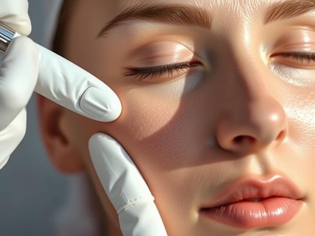 A close-up shot of a serene, glowing face undergoing a non-invasive nano fusion treatment, with focus on the skin texture showing signs of rejuvenation. The background is softly blurred to emphasize the facial features and the treatment process. The lighting is bright and natural, highlighting the skin's health and vitality. The image should evoke a sense of tranquility and beauty, compatible with the rgb(85, 141, 151) primary color.