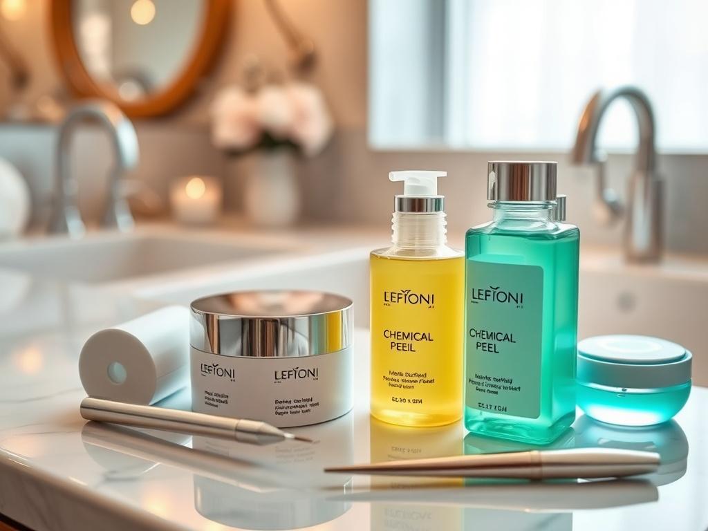 A close-up shot of the chemical peel system laid out on a stylish bathroom counter, featuring the peel solutions and application tools, with elegant decor in the background.
