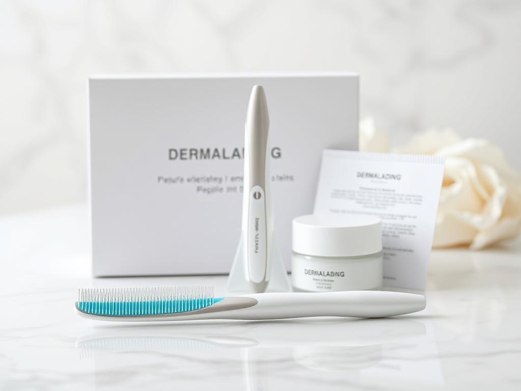 A high-resolution close-up of the dermaplaning kit displayed on a clean, elegant surface. The kit includes the dermaplaning tool, balm, and instructions, all arranged neatly with a soft-focus background.