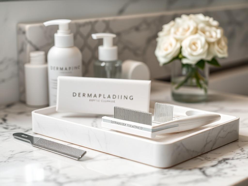 A beautifully arranged dermaplaning kit displayed on a marble countertop, featuring various tools such as dermaplaning blades and a gentle cleanser. The setting is well-lit, highlighting the sleek design of the tools.