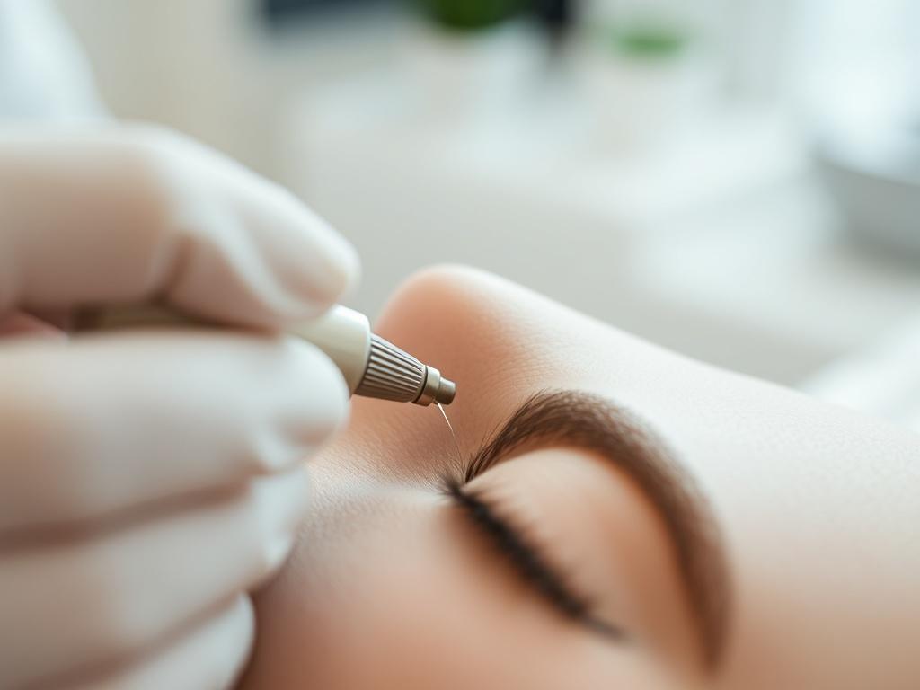 A close-up shot of a professional microneedling treatment in progress, highlighting the fine needles and the skin's surface. The setting should be clean and clinical, with soft lighting creating a calming atmosphere. The focus should be on the microneedling device in action, ensuring the skin appears smooth and healthy. The background should be subtly blurred to emphasize the treatment, with an rgb(85, 141, 151) color tone enhancing the serene vibe.