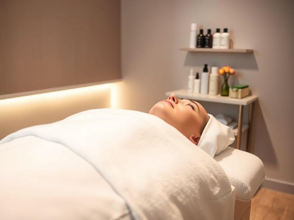 A close-up shot of a serene and inviting facial treatment room at GG Body Contour & Esthetics. The room features soft, neutral tones with a touch of elegance. A comfortable treatment bed is the focal point, adorned with plush, white linens. Gentle ambient lighting creates a relaxing atmosphere, while high-quality skincare products are neatly arranged on a small shelf in the background. The overall composition is simple and clear, emphasizing tranquility and professionalism.