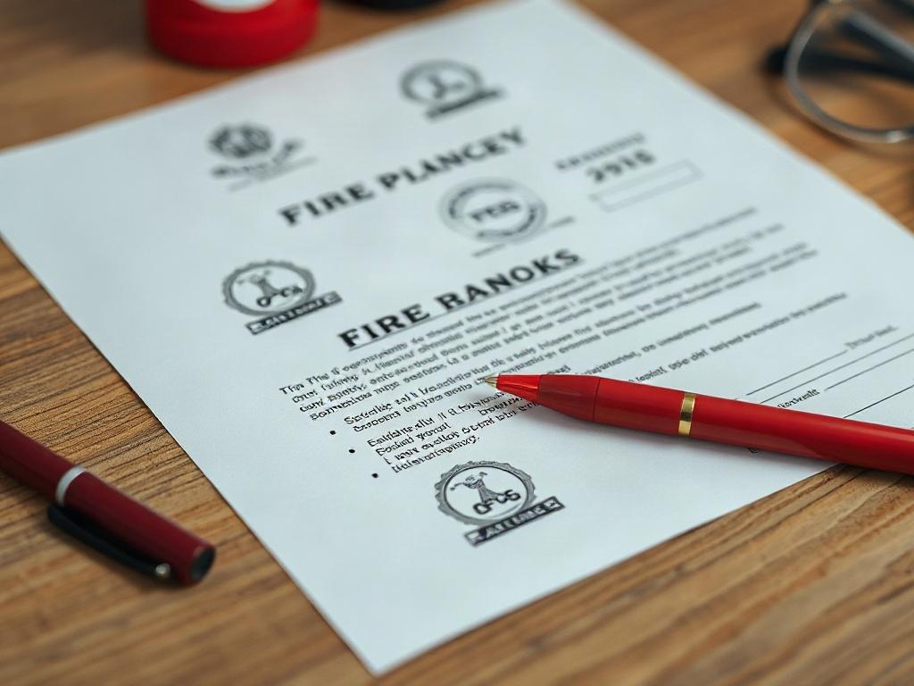 A close-up shot of a fire safety compliance document on a wooden desk, with a red pen resting beside it. The document features standard fire safety regulations, with official seals and stamps. The background is softly blurred to emphasize the document, creating a professional and serious atmosphere. The color tone should be warm, incorporating rgb(226, 1, 1) as the dominant theme.