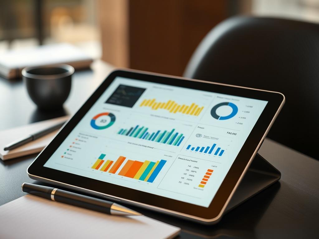 A close up of a tablet displaying a colorful financial