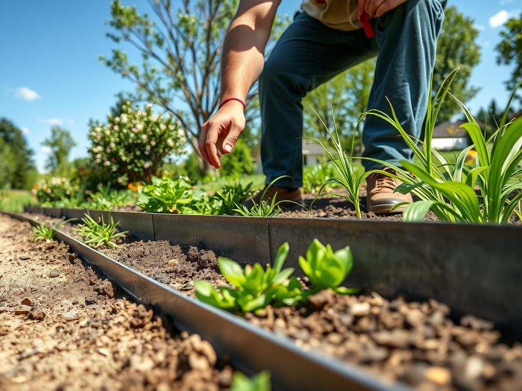 A professional installing steel edging in a landscaped garden. The scene shows a close-up of the steel edging being placed around flower beds, with lush green plants and soil visible. The background features a sunny day with a clear blue sky and a few trees, emphasizing the beauty of the garden. The focus is on the precision of the installation, showcasing the durability and aesthetic appeal of the steel edging.