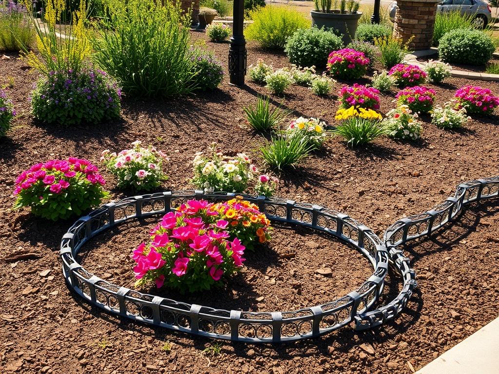 A collection of various custom steel edging designs displayed in a garden setting. The image shows different shapes and styles of steel edging, including curved, straight, and decorative options. The garden is vibrant with colorful flowers and shrubs around the edging, highlighting its versatility. The sunlight casts gentle shadows, creating a warm and inviting atmosphere. This image captures the creativity and personalization that ShapeWay Steel Edging offers to enhance outdoor spaces.