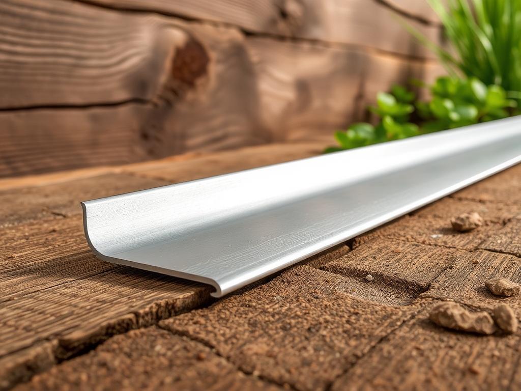 A high-quality steel edging product displayed against a rustic wooden background. The steel edging features a sleek finish and robust design, showcasing its durability and long-lasting quality. The lighting accentuates the texture of the steel, emphasizing its strength and resilience. In the background, there are hints of greenery, suggesting the product’s application in outdoor landscaping. This image conveys the reliability and performance of ShapeWay Steel Edging's products for various landscaping needs.