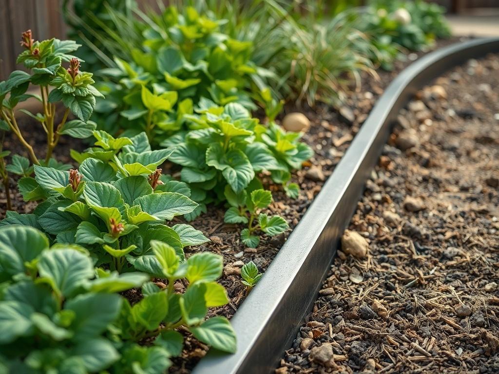A beautiful garden featuring expertly installed steel edging, showcasing vibrant